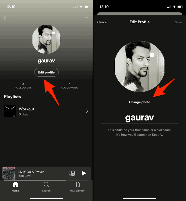 Меню редактирования профиля в мобильном приложении Spotify