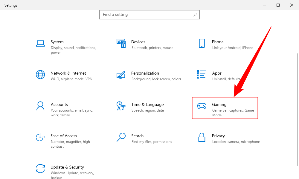 Пункт меню «Игровые возможности» в приложении Параметры Windows.
