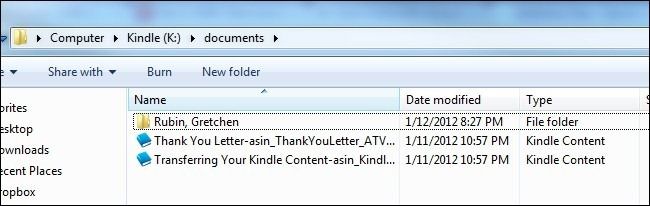 Скриншот устройства и списка файлов Kindle