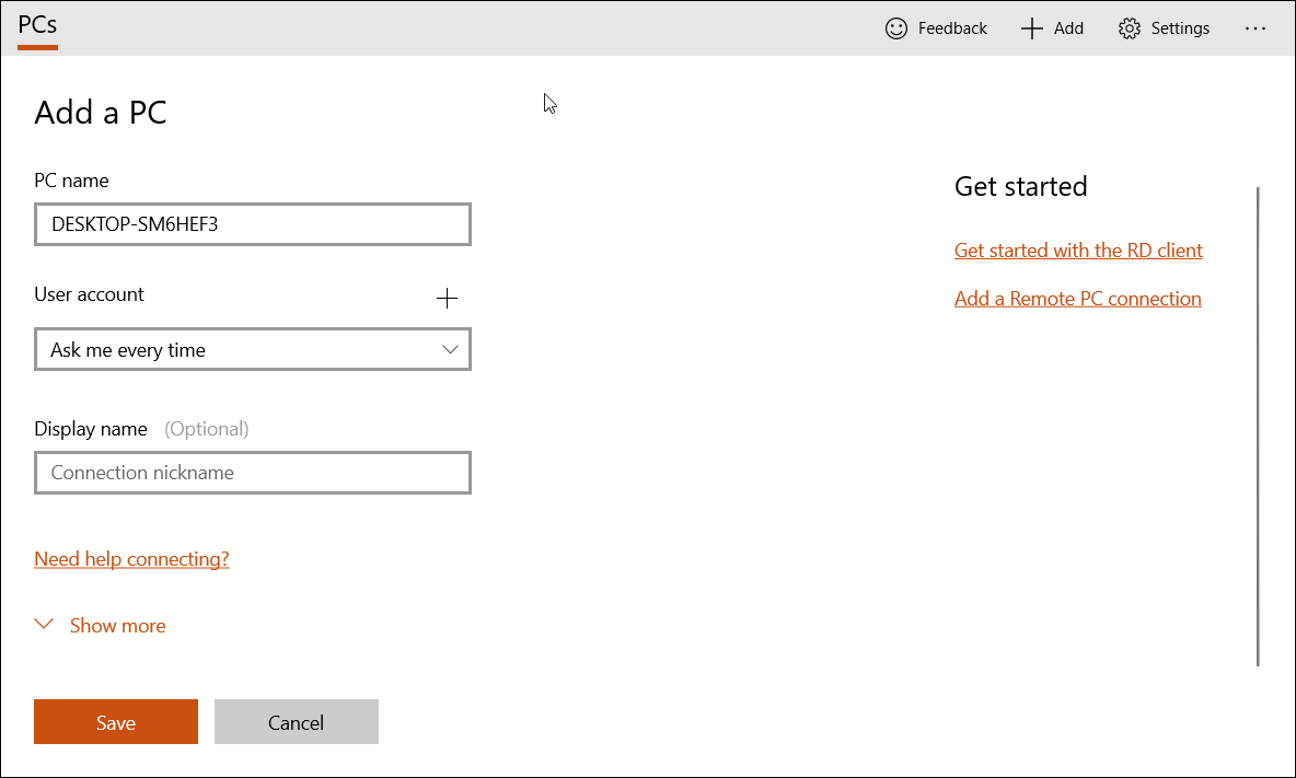 Добавление ПК в приложение Remote Desktop