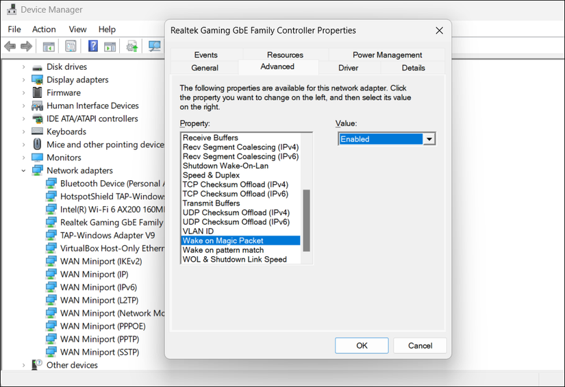 Диалог свойств адаптера Ethernet, вкладка Дополнительно