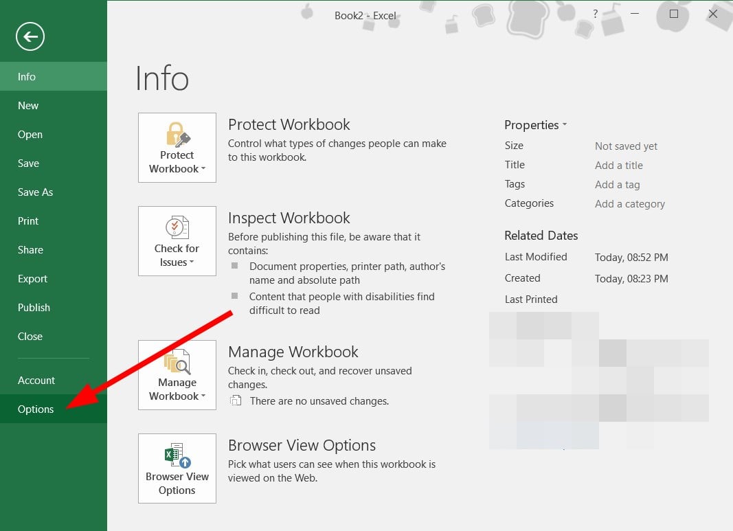 Открытие меню «Файл» и переход в «Параметры»