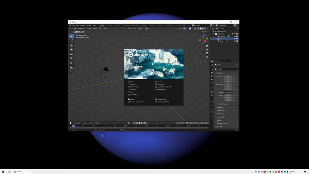 Пример приложения Blender, открытого на одном из рабочих столов