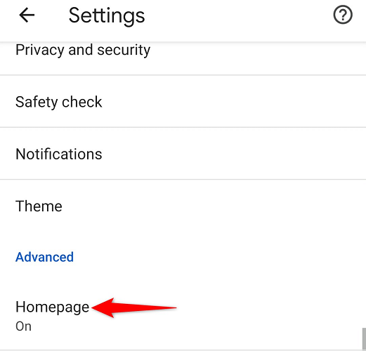 Экран настроек «Домашняя страница» в мобильном Chrome.