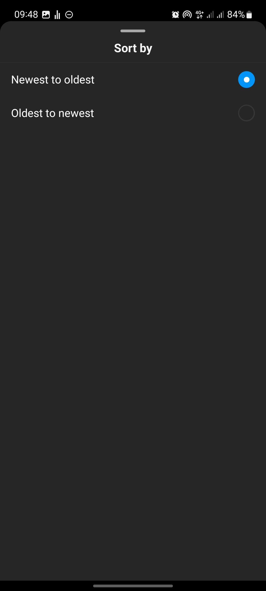 screenshot of Instagram account history sort options