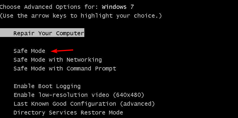 Изображение: экран Дополнительные параметры загрузки со списком параметров безопасного режима
