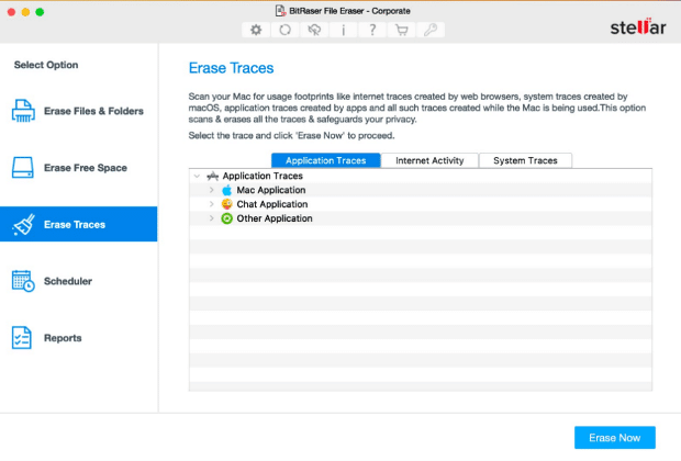 Funzionalità 'Erase Traces' per eliminare tracce applicazioni e internet