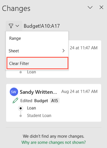 Очистить фильтр в меню Показать изменения