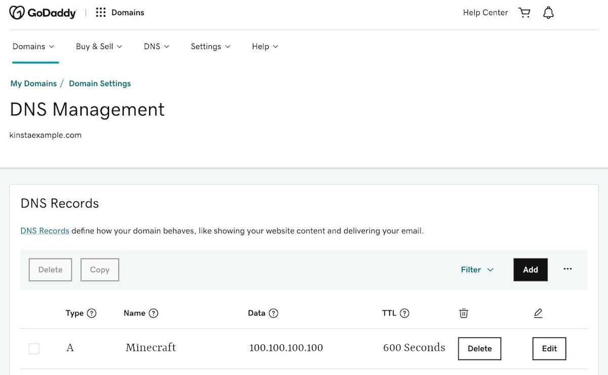 Создание A-записи в GoDaddy для поддомена сервера Minecraft
