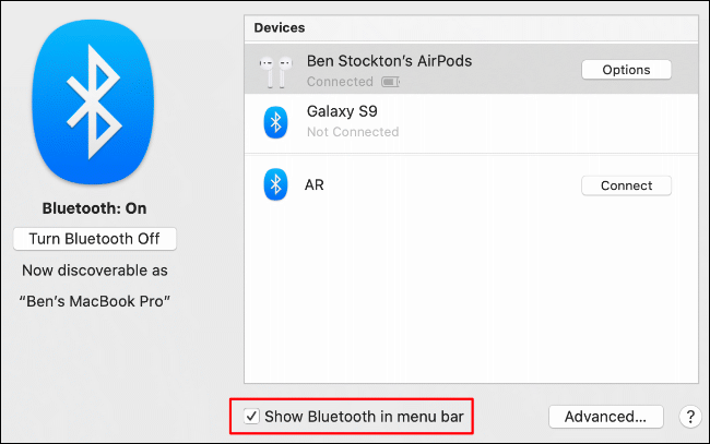 To enable the Bluetooth icon on the macOS menu bar, click Launchpad > System Preferences > Bluetooth, then click the Show Bluetooth in Menu Bar checkbox