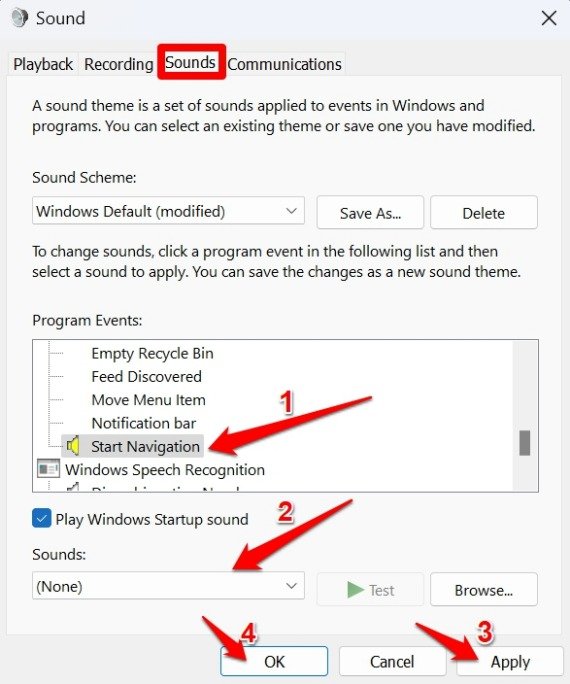 Выбор None для отключения звуков события