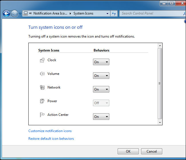 Окно настроек системных значков в Windows 7