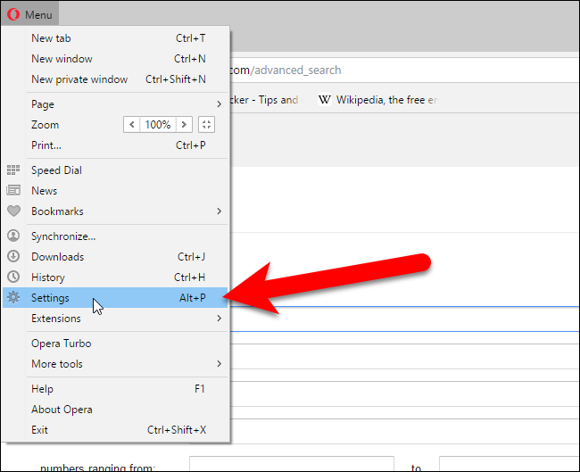 Открытие настроек Opera
