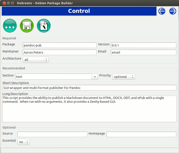 Заполнение данных Control: поля Package, Version, Maintainer и др.