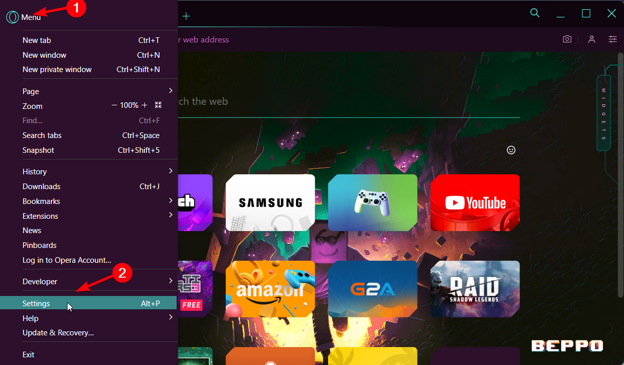 Кнопка меню Opera для доступа к настройкам