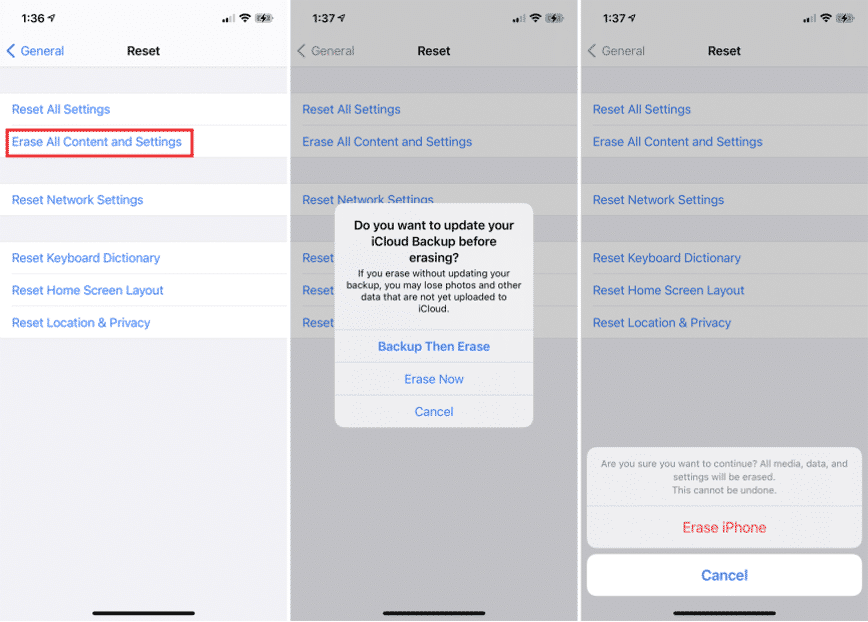 Экран сброса iPhone: «Стереть контент и настройки»