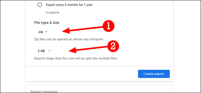 Выбор типа архива и размера файлов в Google Takeout