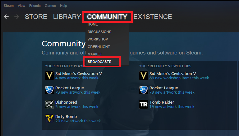 Кнопка Сообщество в клиенте Steam