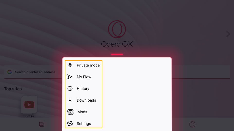 Menu avanzato Opera GX su TV