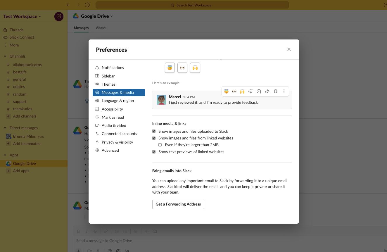 Предпочтения с адресом пересылки в Slack