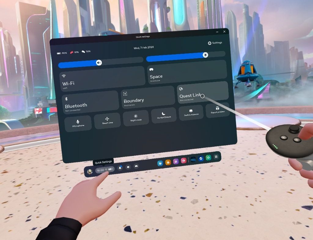 Включение Quest Link в быстрых настройках гарнитуры