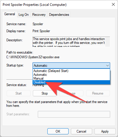 Свойства Print Spooler — список 'Тип запуска' с опцией Disabled