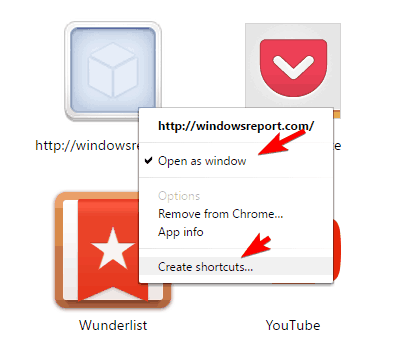 Контекстное меню приложения с опцией Open as window и Create shortcuts