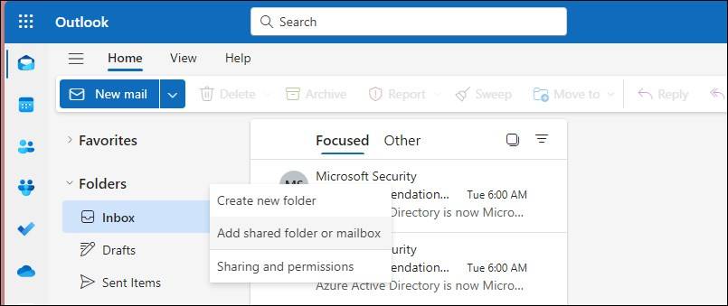 Опция Add shared folder or mailbox в веб-клиенте Outlook.
