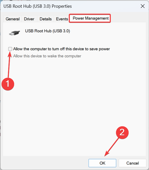 Отключение опции энергосбережения для USB Root Hub