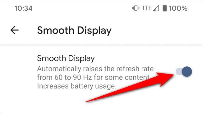 Переключатель «Плавный экран» выключен на Google Pixel 4