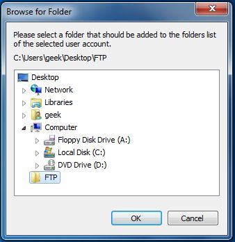 Выбор папки для общего доступа FTP