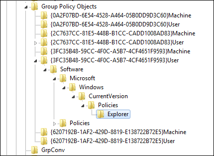 Regedit открытый на ключе, изменённом GPO