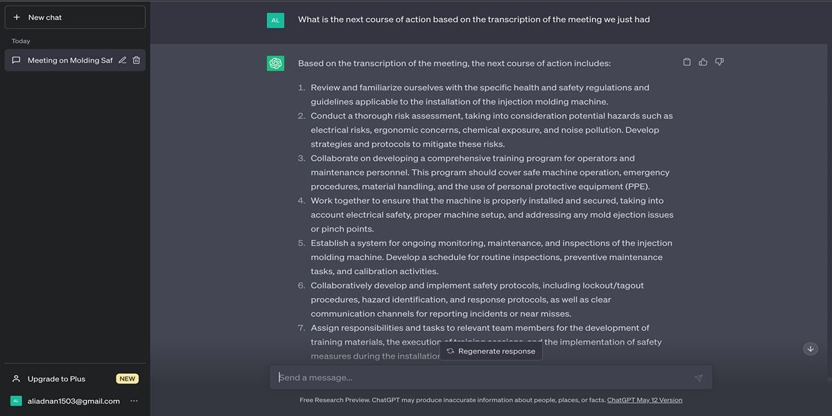ChatGPT отвечает на запрос: «Каков следующий шаг на основе расшифровки нашей последней встречи?»
