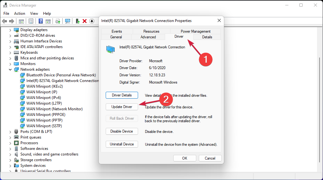 Опции обновления, отката и удаления драйвера