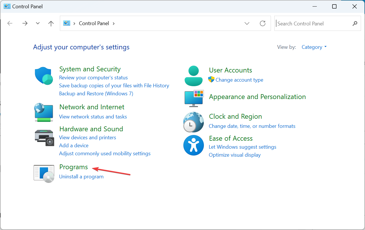 Раздел Программы в Панели управления Windows