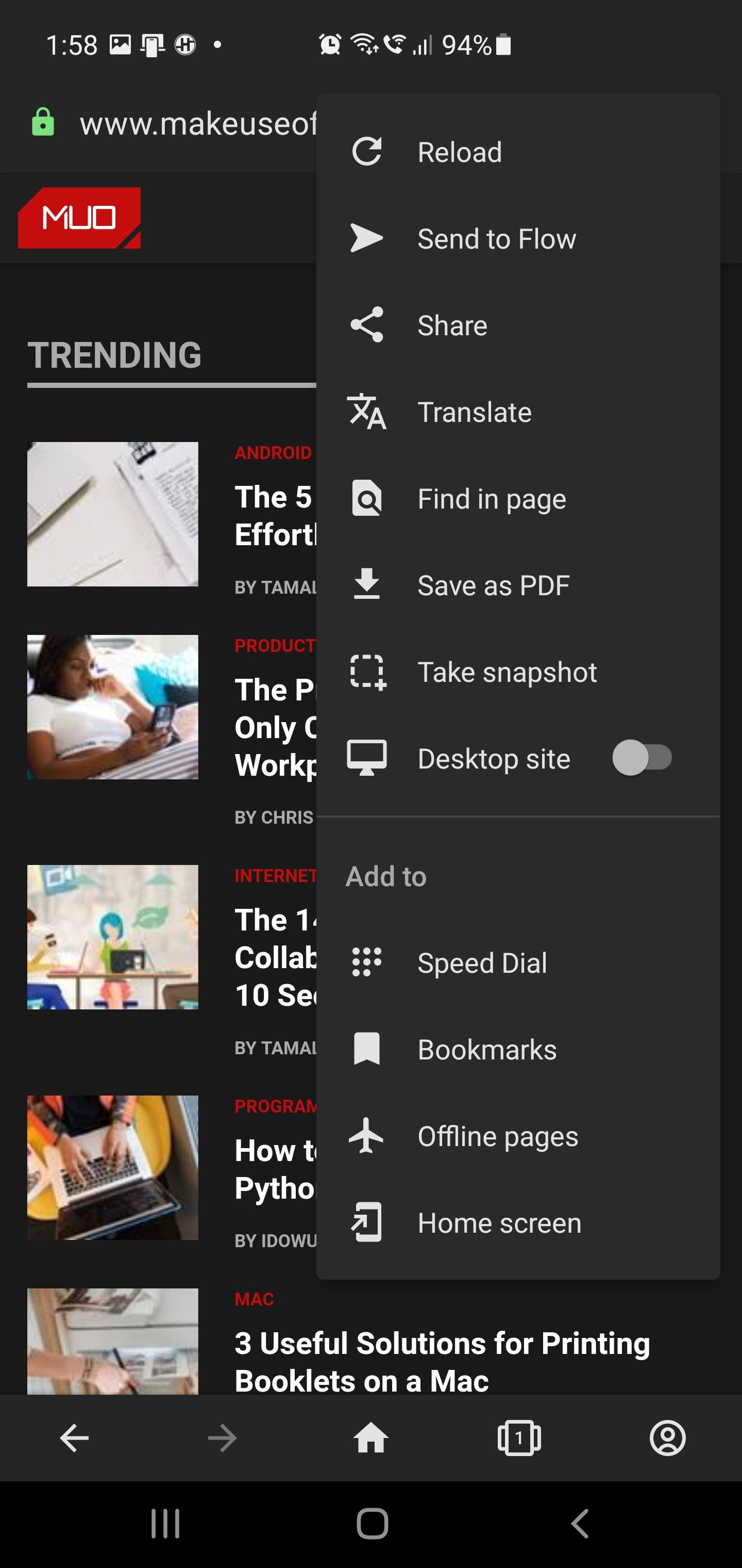 Снимок экрана в приватном режиме Opera