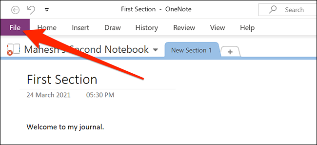 Меню Файл в OneNote