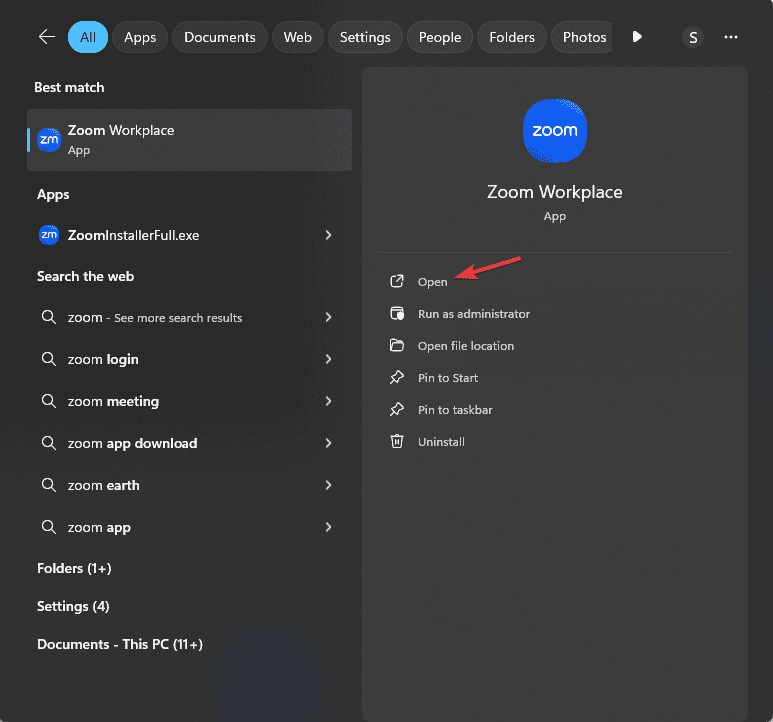 Меню «Пуск»: запуск Zoom
