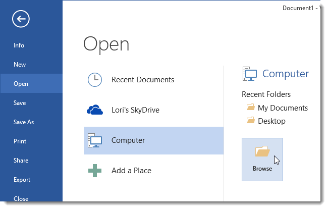 Диалог Обзор для открытия файла на диске