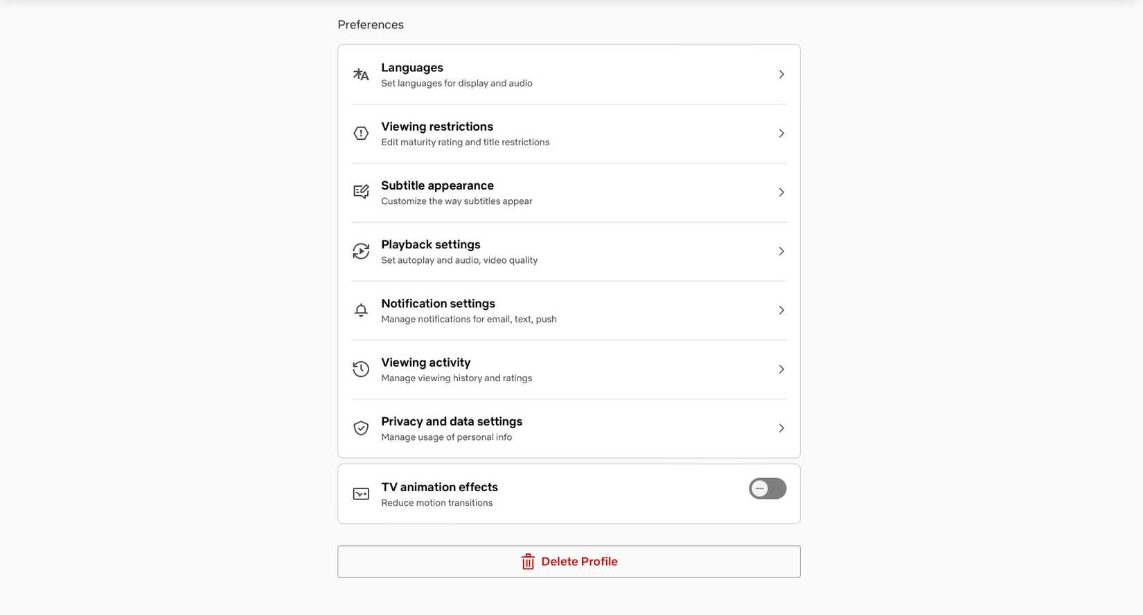 Главная страница настроек Netflix