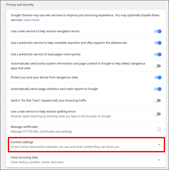 Скриншот: раздел Конфиденциальность и безопасность в настройках Chrome