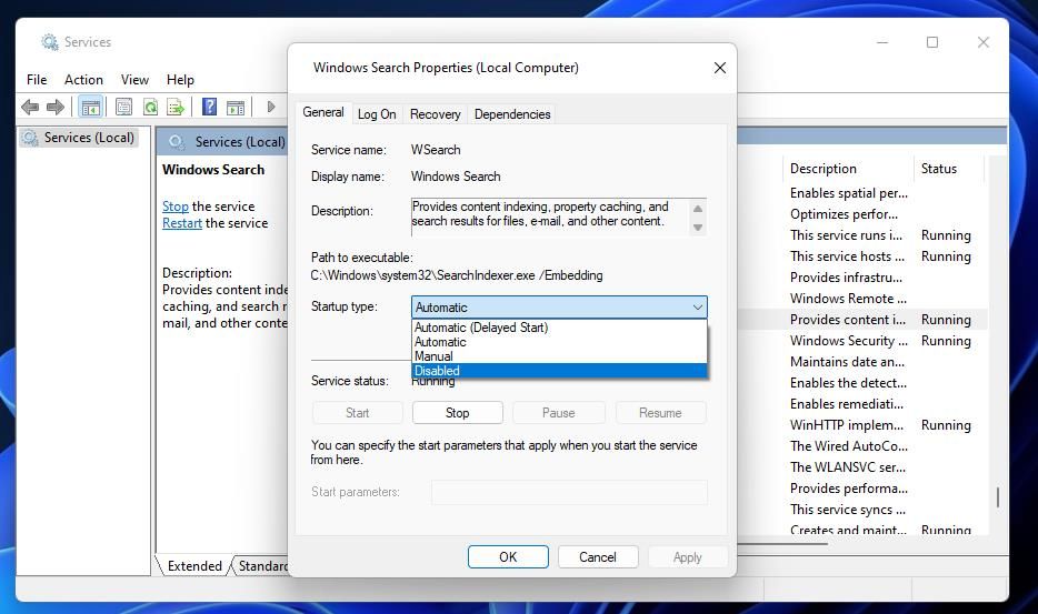 Окно свойств службы Windows Search