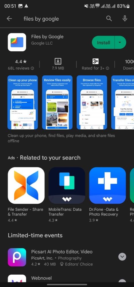 Поиск приложения Files by Google в Play Store