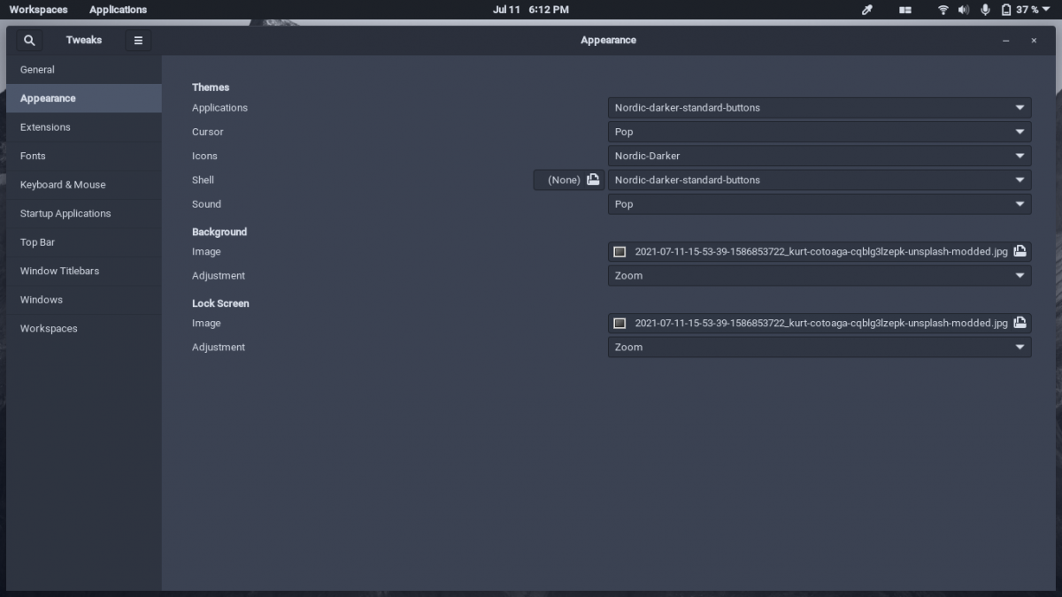 Окно GNOME Tweaks с настройками внешнего вида в Pop!_OS
