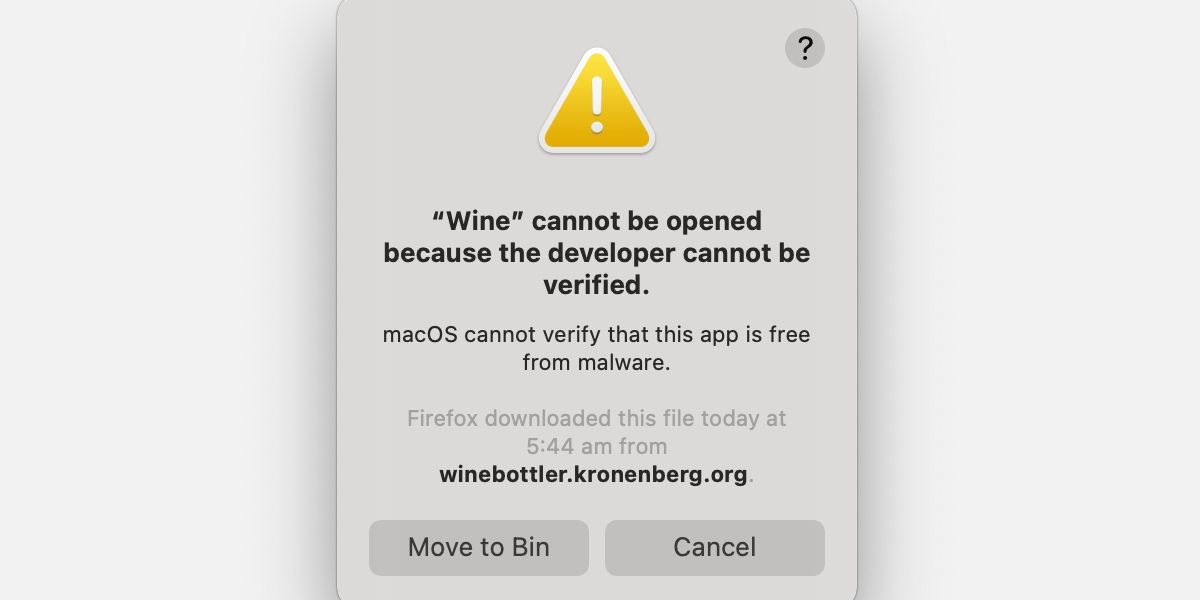 Диалог Gatekeeper: приложение Wine не открывается.