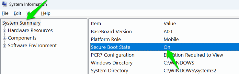 Finestra del System Information che mostra lo stato Secure Boot