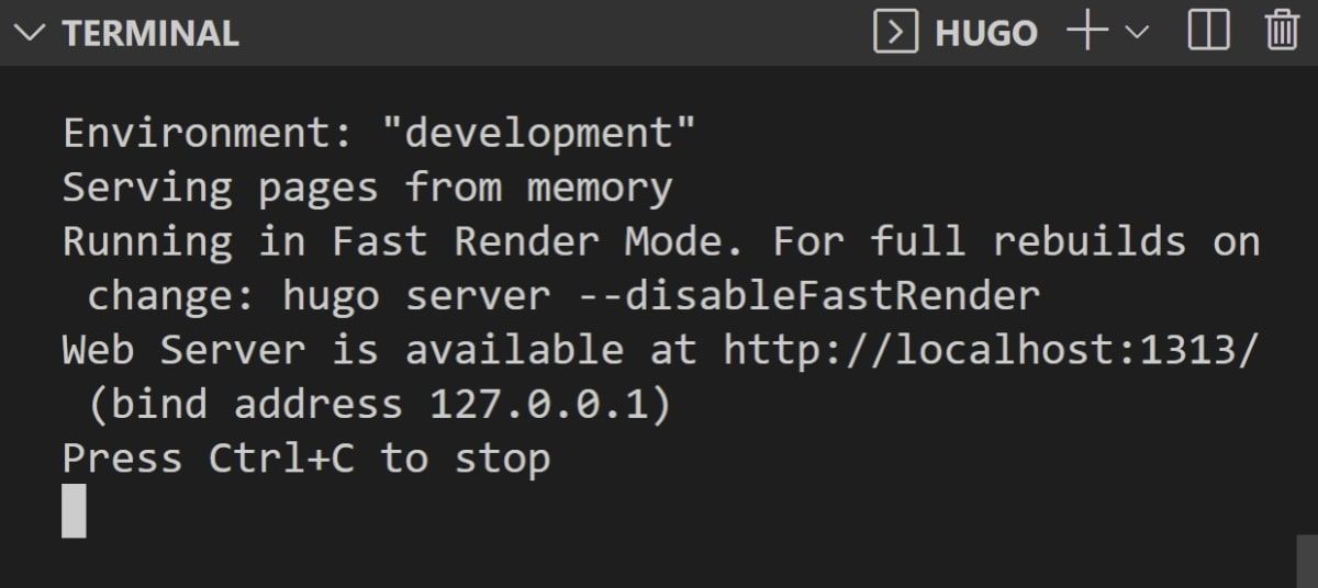 Вывод команды hugo serve в терминале с адресом локального сервера