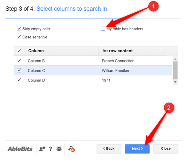 Выбор столбцов и параметра наличия заголовков