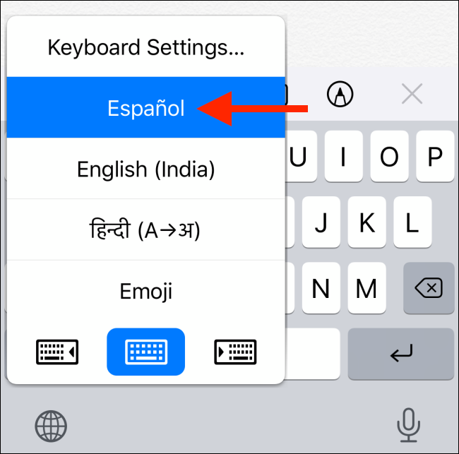 Выберите новый язык из списка клавиатур
