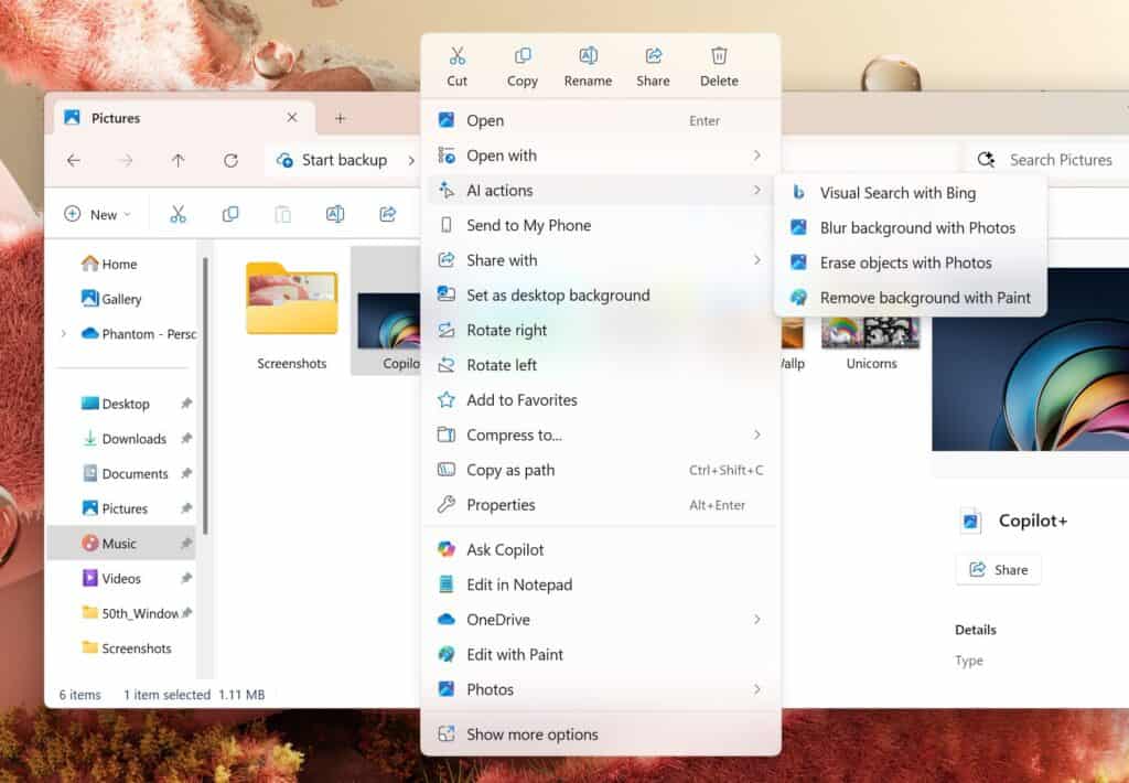 Menu contestuale con AI Actions mostrato su un'immagine JPG
